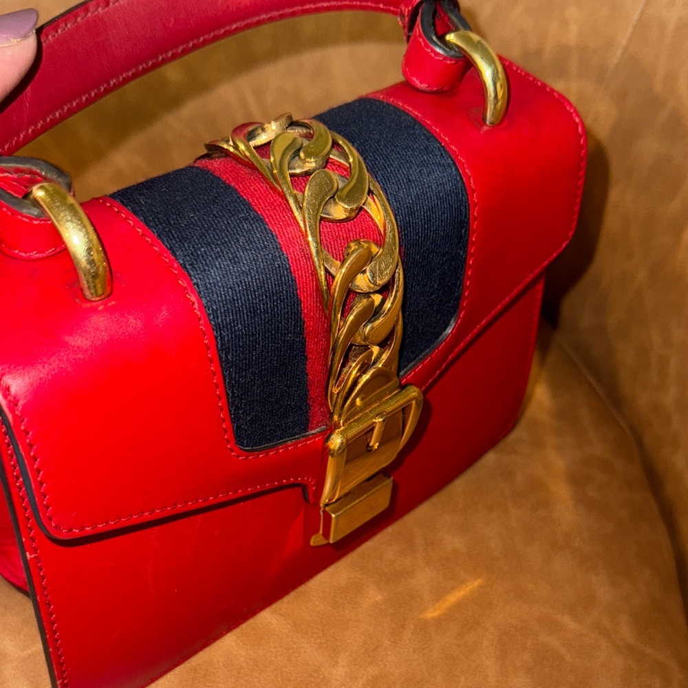 Gucci Sylvie Red Calfskin and Gold Mini Bag with Chain - Picture 8 of 16